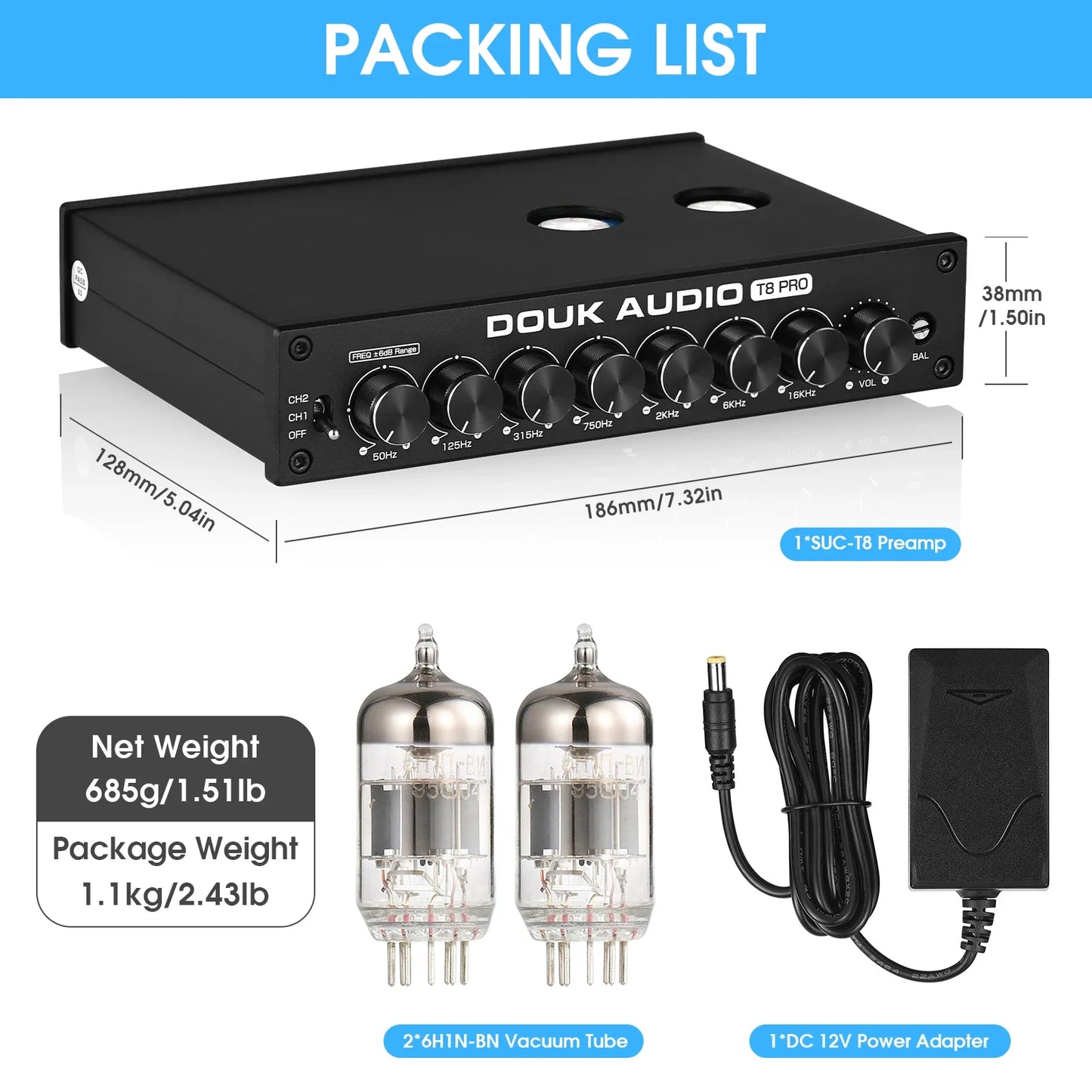 Douk Audio T8PRO Tube Preamp with 7-Band EQ & XLR