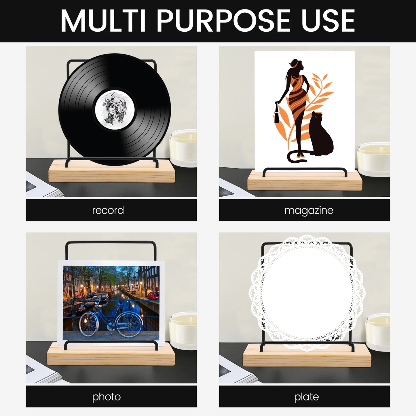 Minimalist wooden and metal vinyl record display stand, designed to showcase and organize LPs, 12-inch, and 7-inch records with a sleek, modern aesthetic