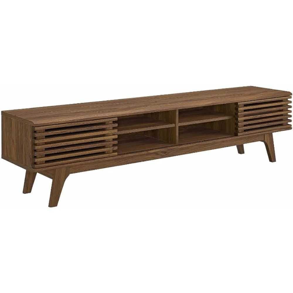 Mid modern century TV stand with wood finish, tapered legs, and storage shelves, retro media console for flat-screen TVs up to 65 inches