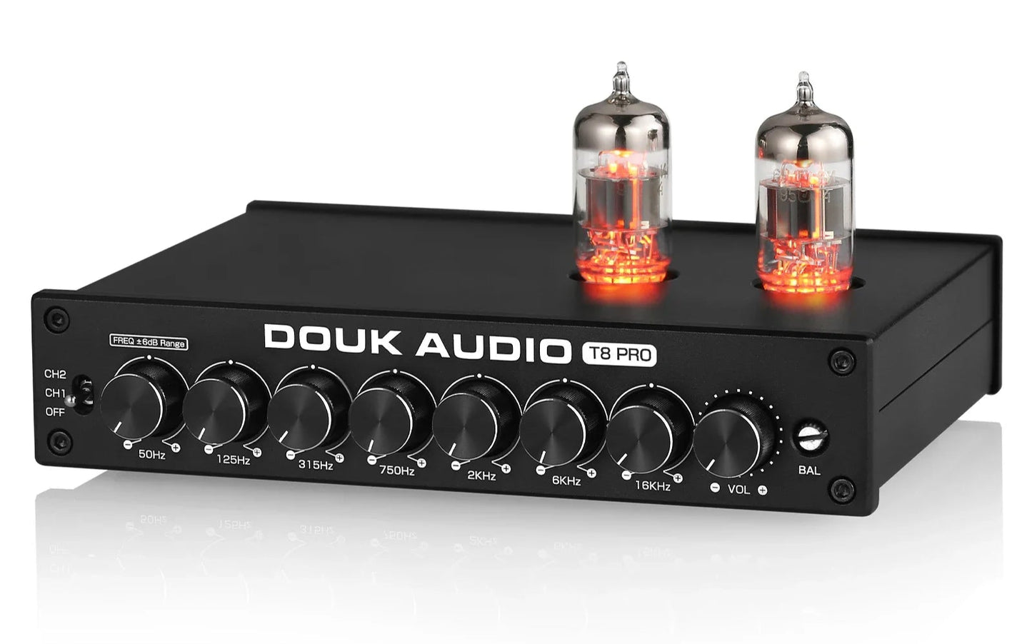 Douk Audio T8PRO tube preamp with 7-band EQ, XLR/RCA inputs, and HiFi vacuum tubes for rich, customizable audio performance"