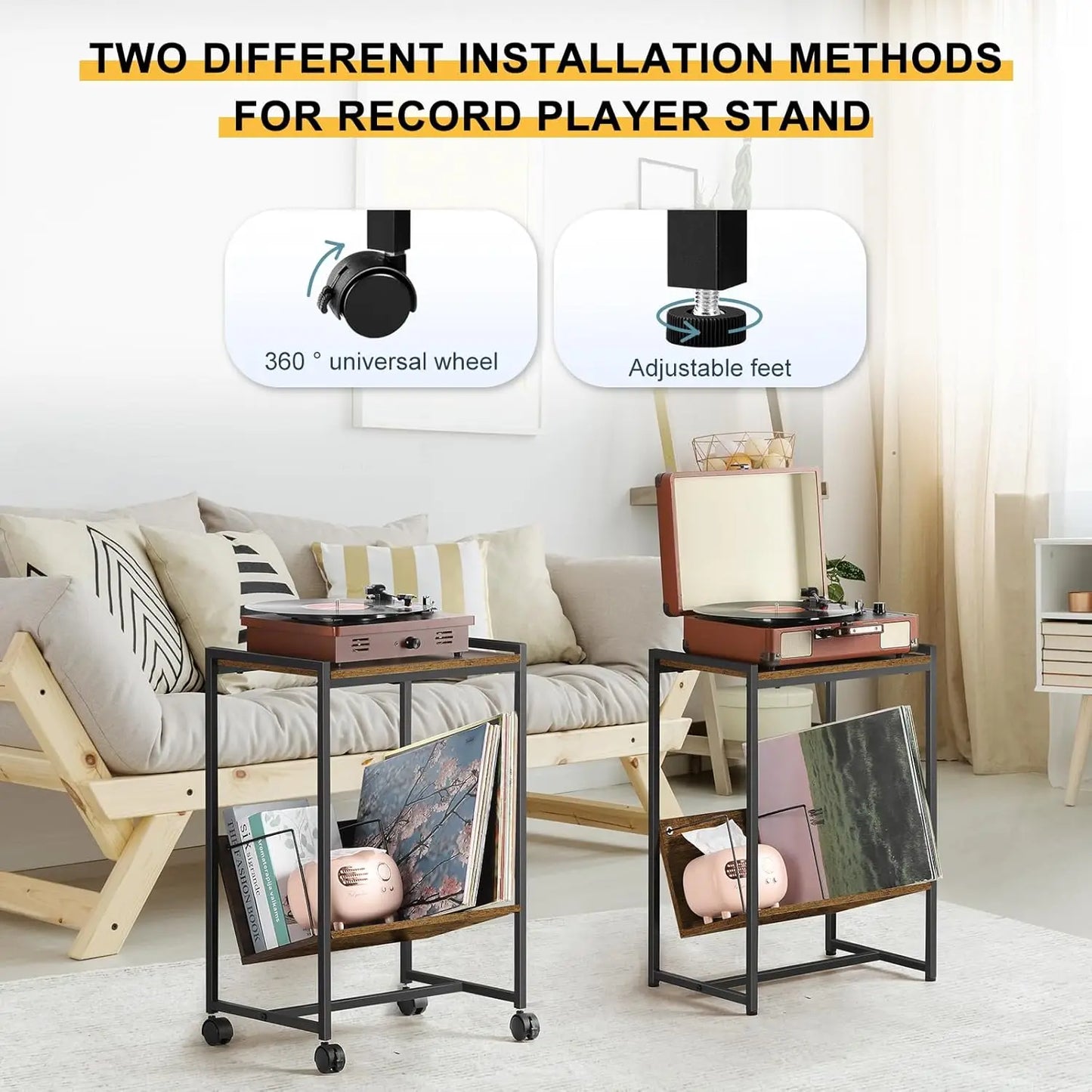 Record player stand with vinyl storage compartments, mid-century modern turntable table with shelves for LPs, audio accessories, and decor