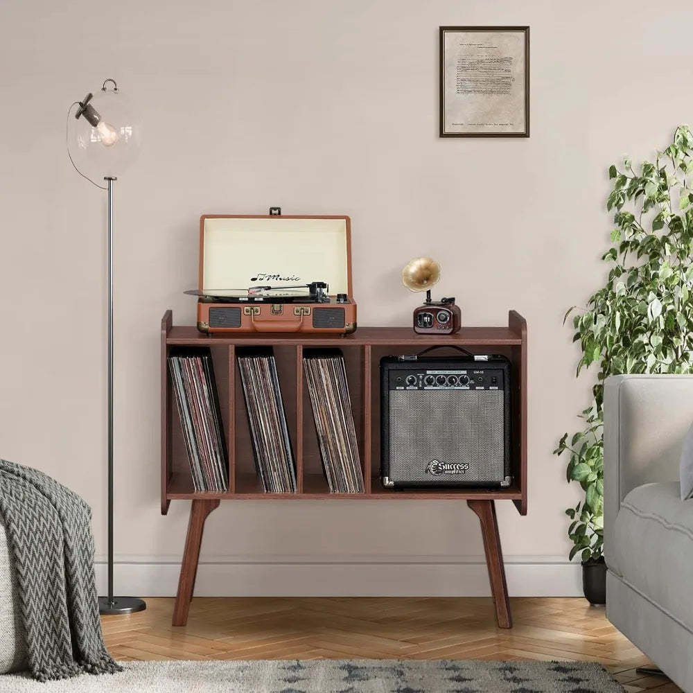 Mid-century record player stand with vinyl storage, available in white, walnut, and retro brown, featuring shelves and LP compartments for turntable setup