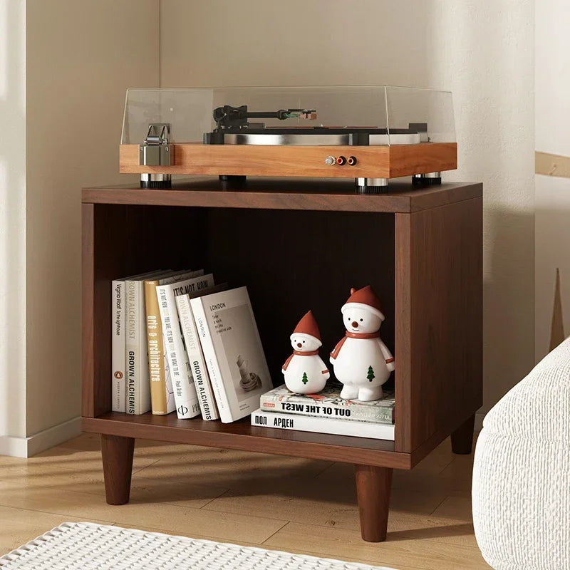 Record storage cabinet with vertical LP compartments, available in white, black, or walnut finish, mid-century modern vinyl organizer with tapered legs