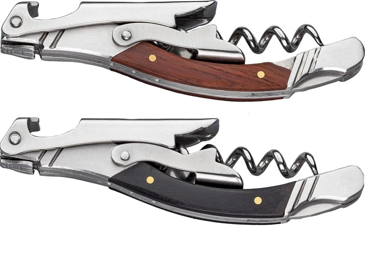 Two corkscrews with wooden and black handles on a white background