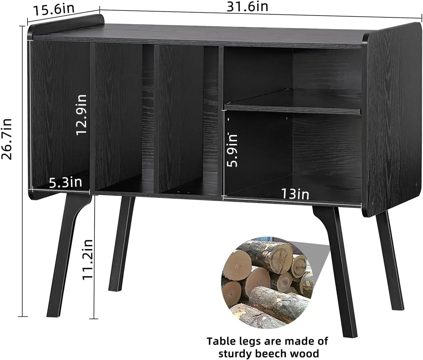 Mid-century record cabinet with vinyl storage and turntable tabletop, natural black wood finish, compact design for living room or home office