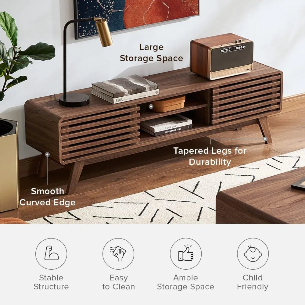 Mid-century walnut TV stand with tapered legs and storage shelves, stylish wood media console for flat-screen TVs up to 65 inches