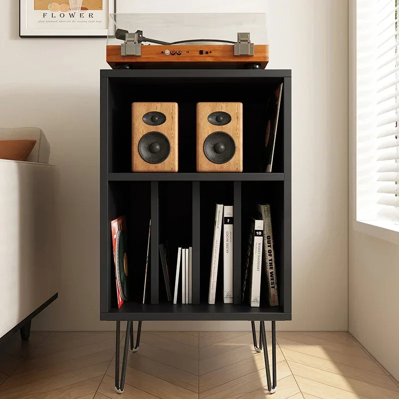 Record storage cabinet with vertical LP compartments, available in white, black, or walnut finish, mid-century modern vinyl organizer with tapered legs