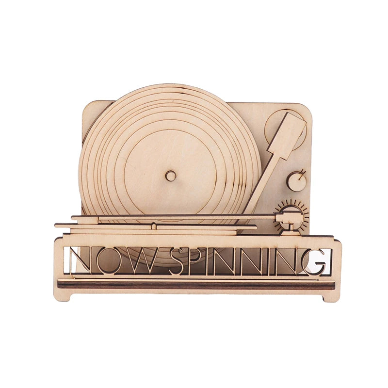 Wooden now spinning record stand with a laser-cut turntable design, available in multiple wood finishes, perfect for displaying vinyl album covers in style.