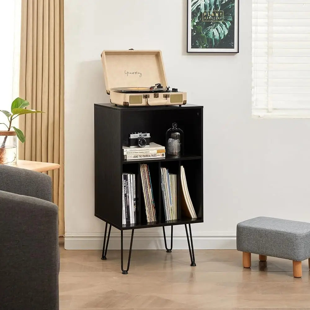 Mid-century modern record cabinet with vinyl storage and turntable shelf, retro wood console for LP organization and stylish home audio setup