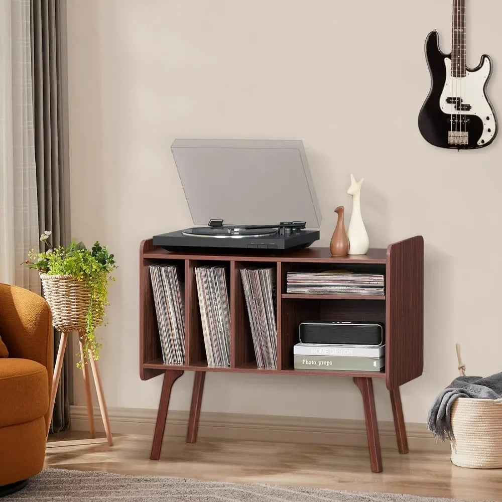 Mid-century record player stand with vinyl storage, available in white, walnut, and retro brown, featuring shelves and LP compartments for turntable setup