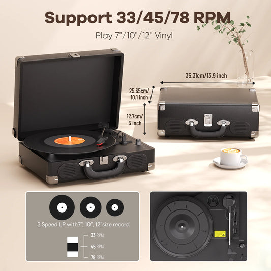 Big River Hardware Premium Portable Vintage Suitcase Record Player with Multiple Connectivity Options