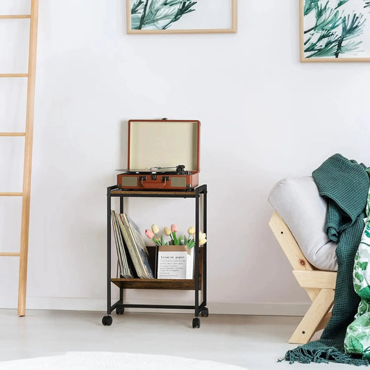 Record player stand with vinyl storage compartments, mid-century modern turntable table with shelves for LPs, audio accessories, and decor