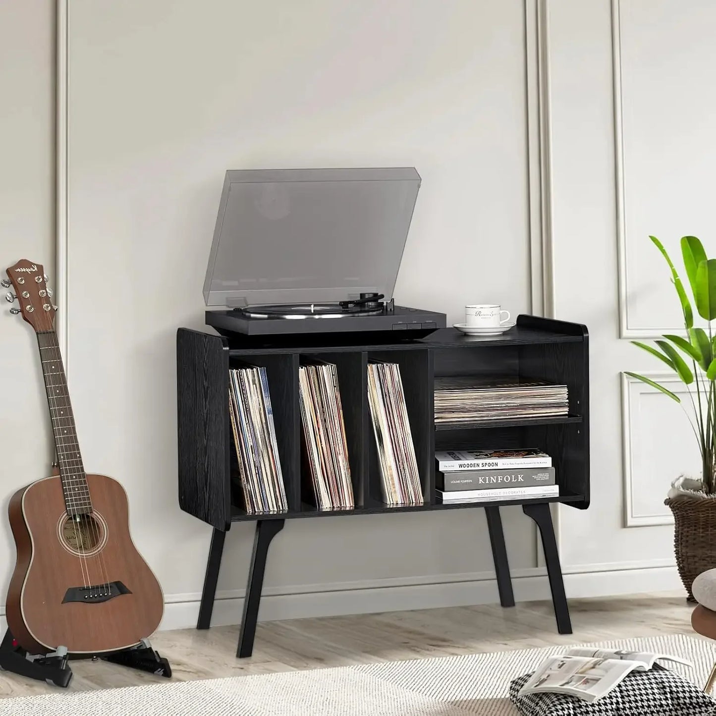 Mid-century record cabinet with vinyl storage and turntable tabletop, natural black wood finish, compact design for living room or home office