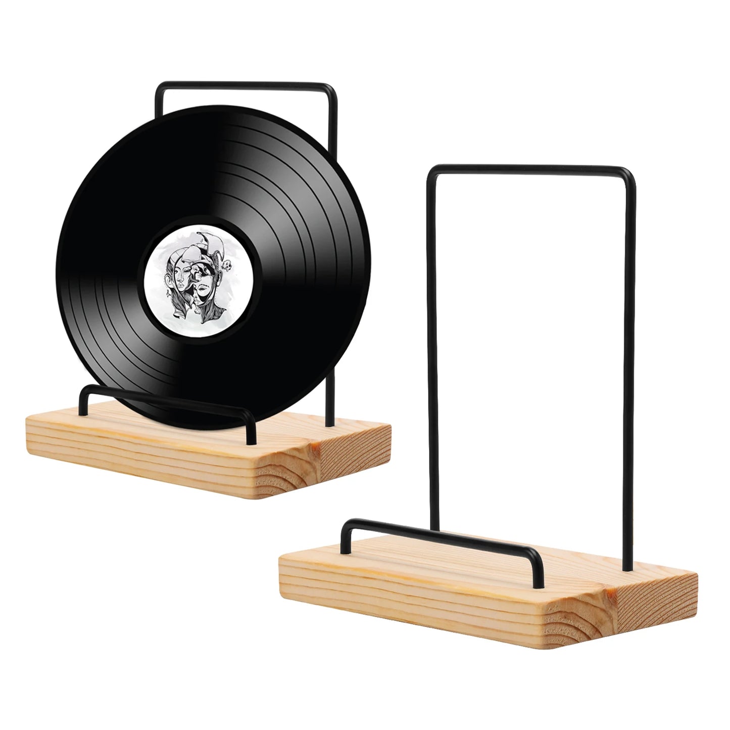 Minimalist wooden and metal vinyl record display stand, designed to showcase and organize LPs, 12-inch, and 7-inch records with a sleek, modern aesthetic