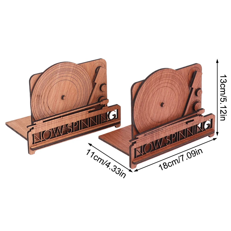Wooden now spinning record stand with a laser-cut turntable design, available in multiple wood finishes, perfect for displaying vinyl album covers in style.
