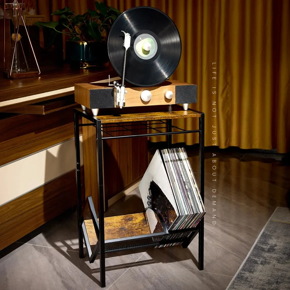 Turntable table with built-in shelves for organized vinyl record storage.