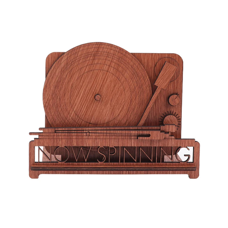 Wooden now spinning record stand with a laser-cut turntable design, available in multiple wood finishes, perfect for displaying vinyl album covers in style.