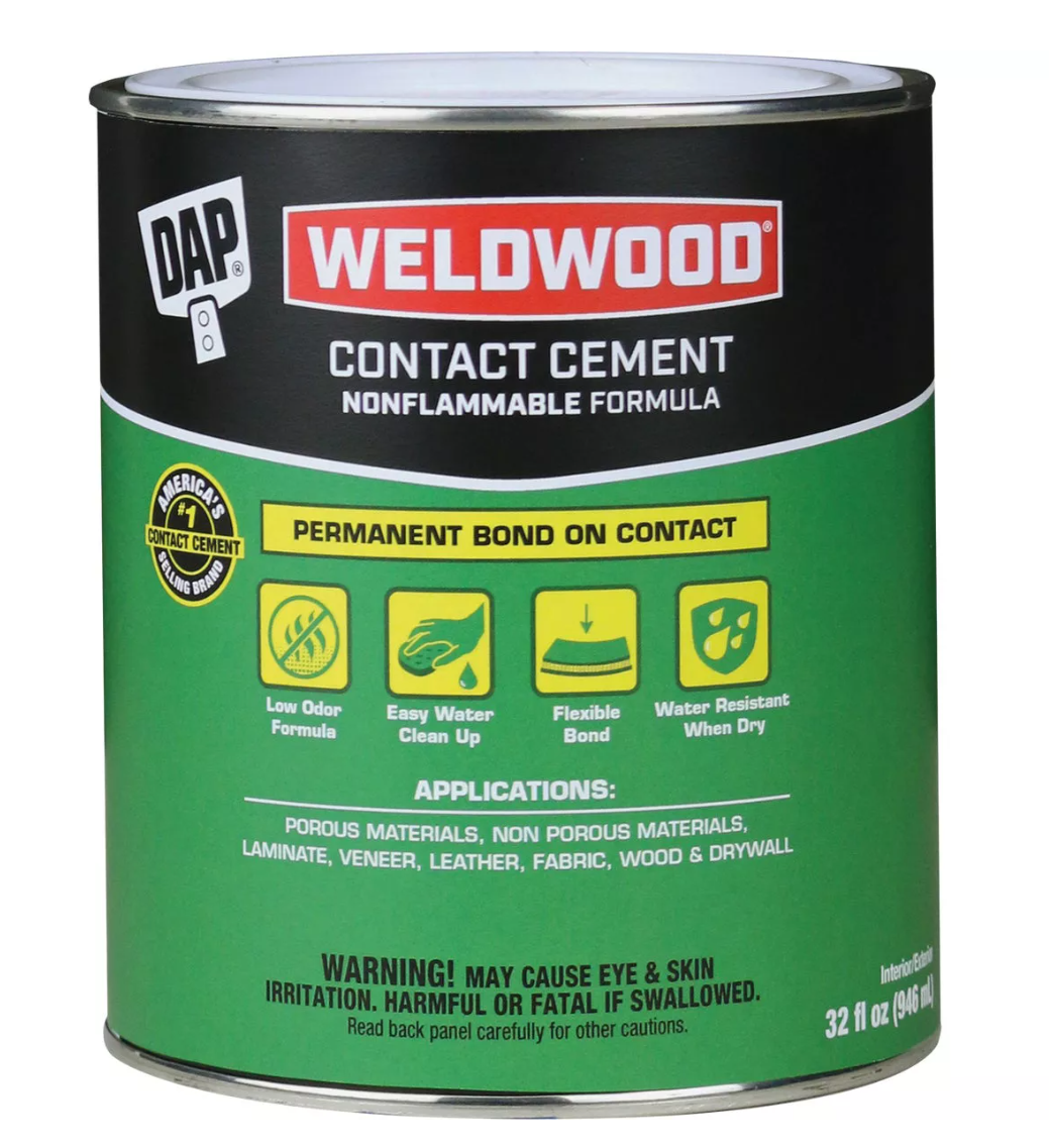 DAP Weldwood nonflammable contact cement 1 qt can, best Tolex glue with low VOC formula, strong adhesive for wood, laminates, and amplifier covering