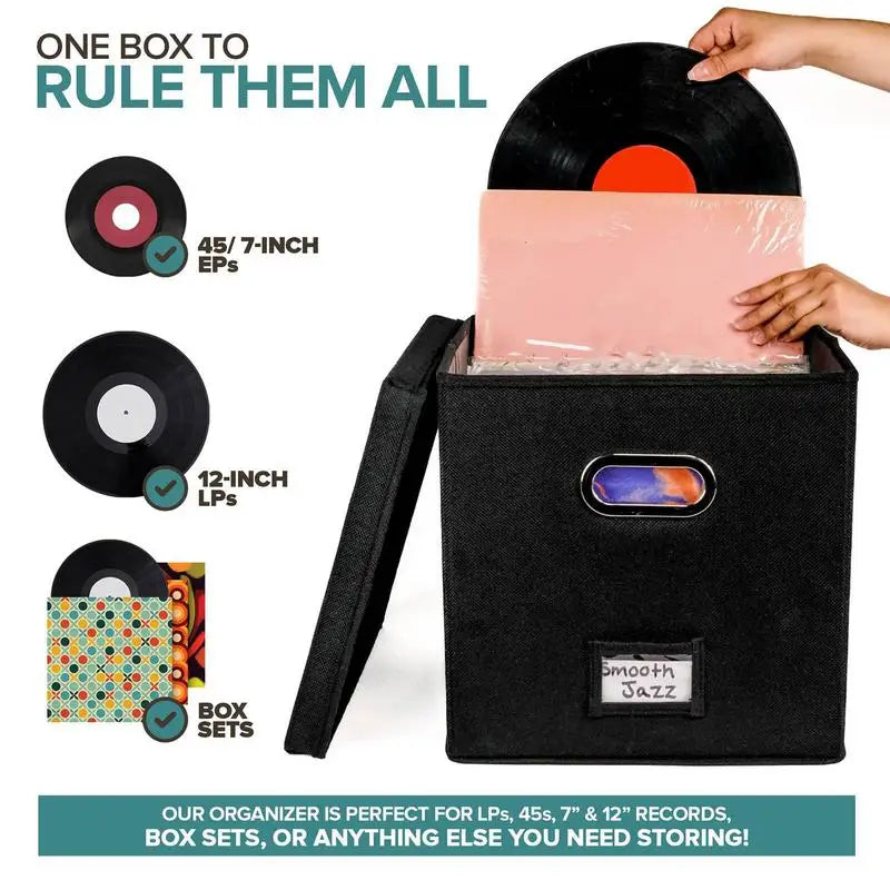 Black vinyl record storage box made of durable cotton linen, designed to hold LPs, 12-inch, and 7-inch records in a sleek and stylish design.