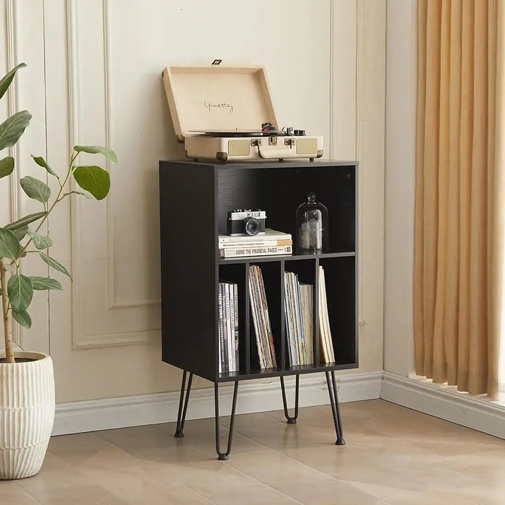 Mid-century modern record cabinet with vinyl storage and turntable shelf, retro wood console for LP organization and stylish home audio setup