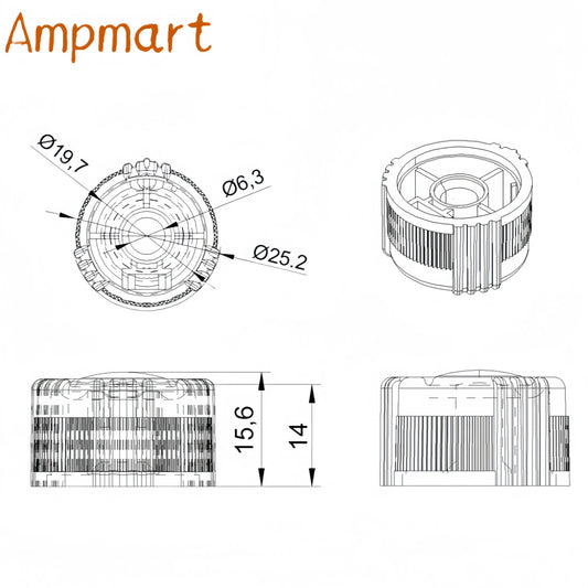 Technical drawing of an mechanical component with dimensions labeled, featuring the brand 'Ampmart'.