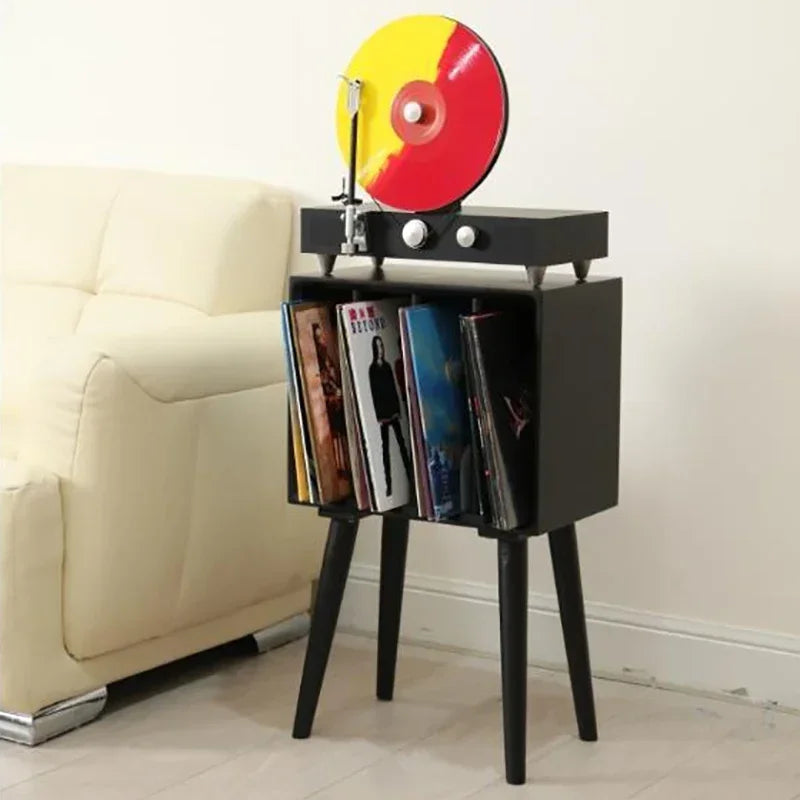 Record storage cabinet with vertical LP compartments, available in white, black, or walnut finish, mid-century modern vinyl organizer with tapered legs