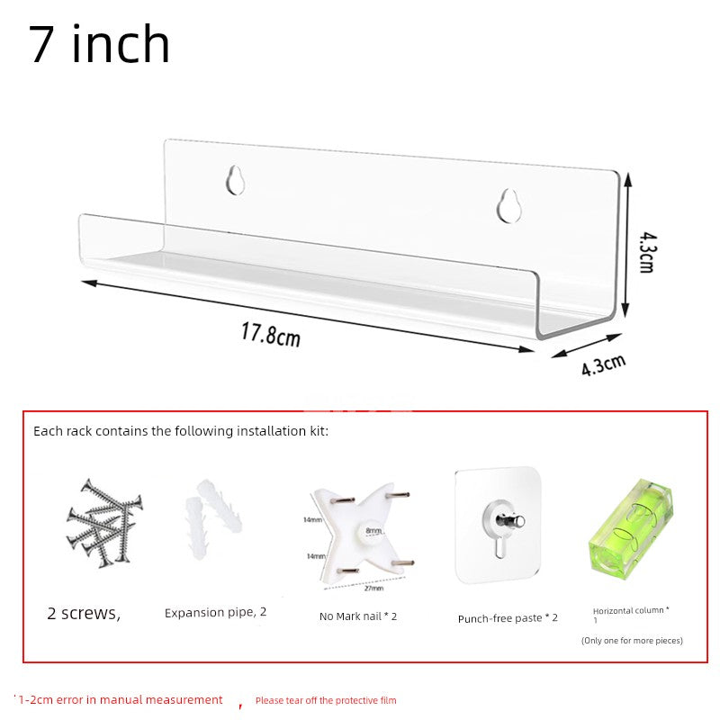 Clear plastic vinyl record display shelf, designed for wall-mounted storage and showcasing LPs, 12-inch, and 7-inch records in a sleek, modern style.