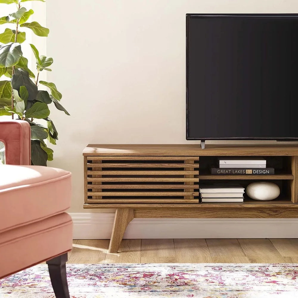 Mid modern century TV stand with wood finish, tapered legs, and storage shelves, retro media console for flat-screen TVs up to 65 inches