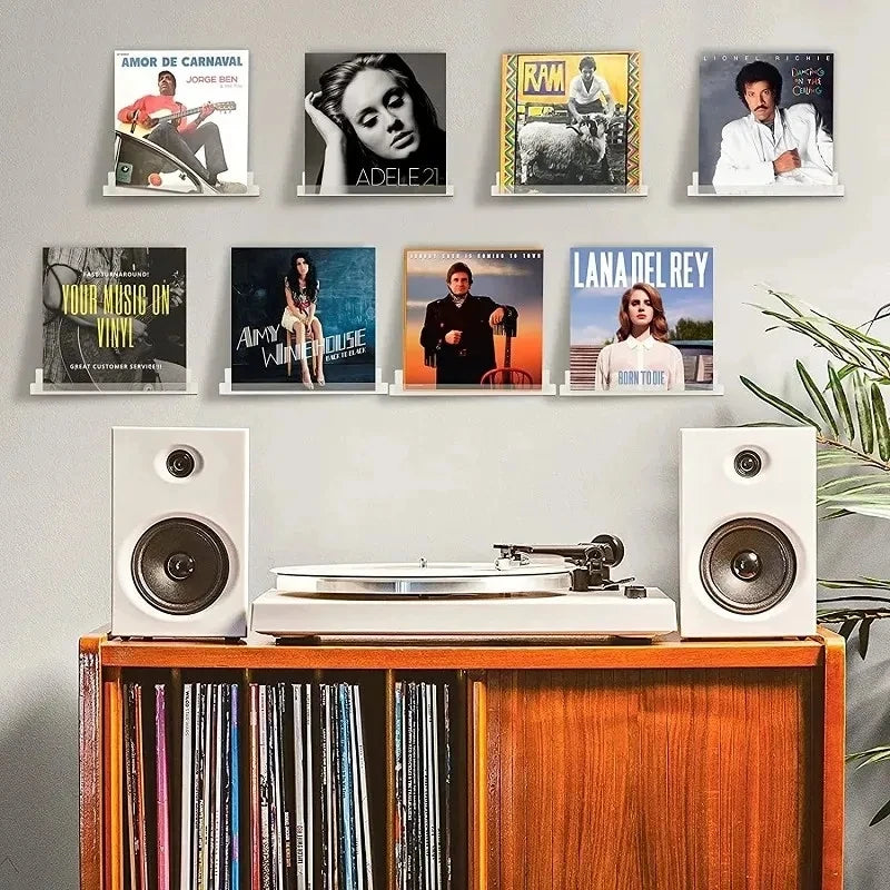 Vinyl record display shelf wall-mounted LP holder for showcasing album covers, stylish and durable storage solution for vinyl collectors