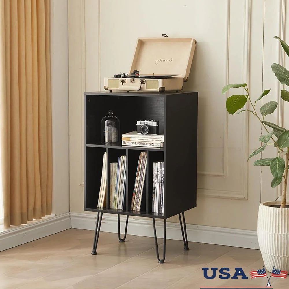 Mid-century modern record cabinet with vinyl storage and turntable shelf, retro wood console for LP organization and stylish home audio setup