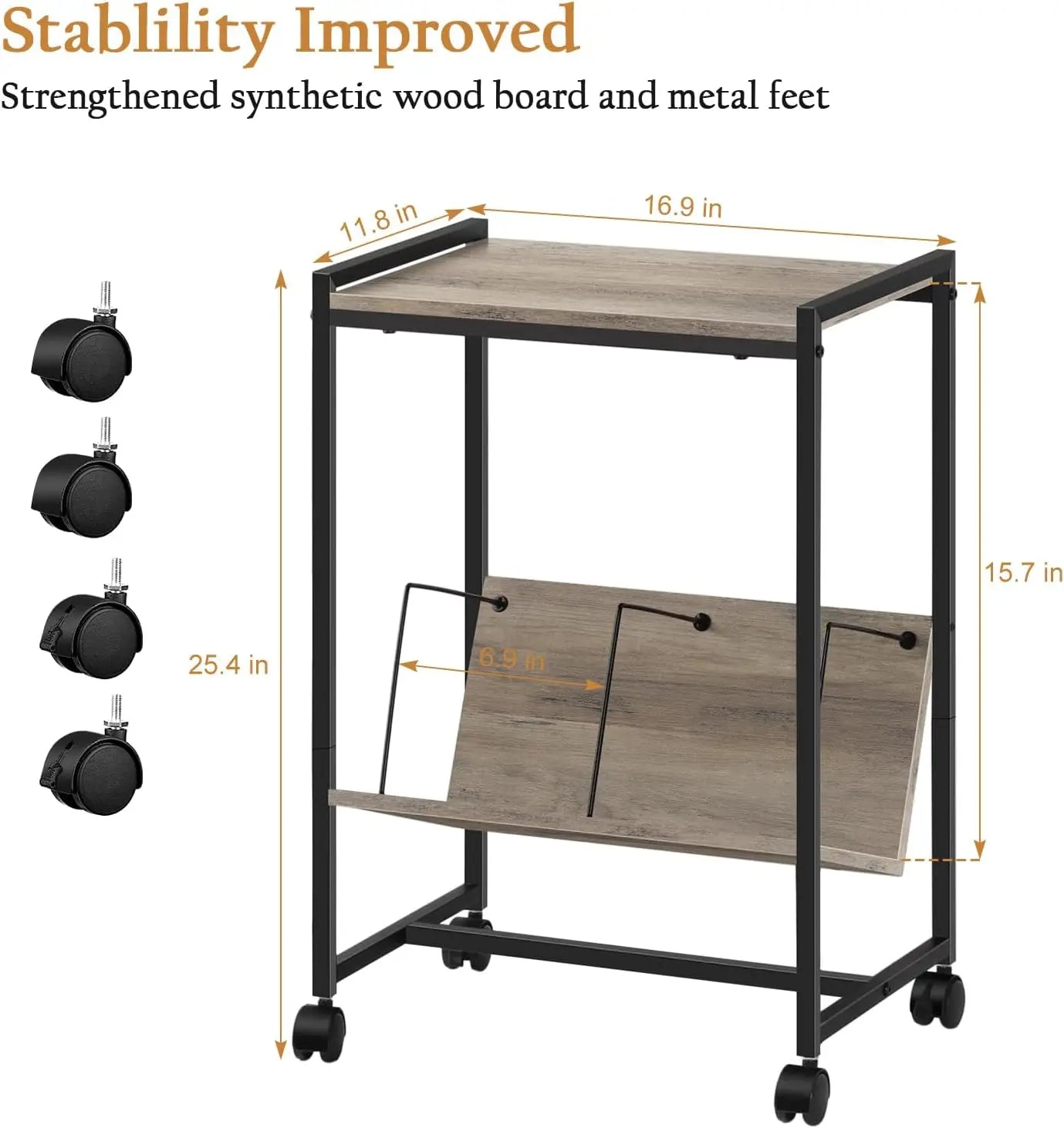 gray Record player stand with vinyl storage compartments, mid-century modern turntable table with shelves for LPs, audio accessories, and decor
