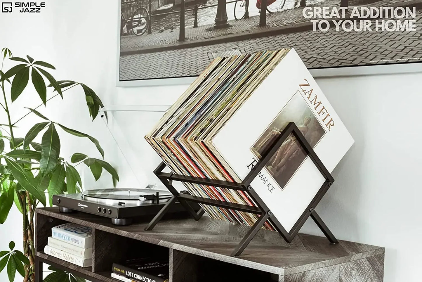 Modern steel vinyl record stand with angled frame and open storage design, holds up to 100 LPs, durable metal construction for easy album browsing and display