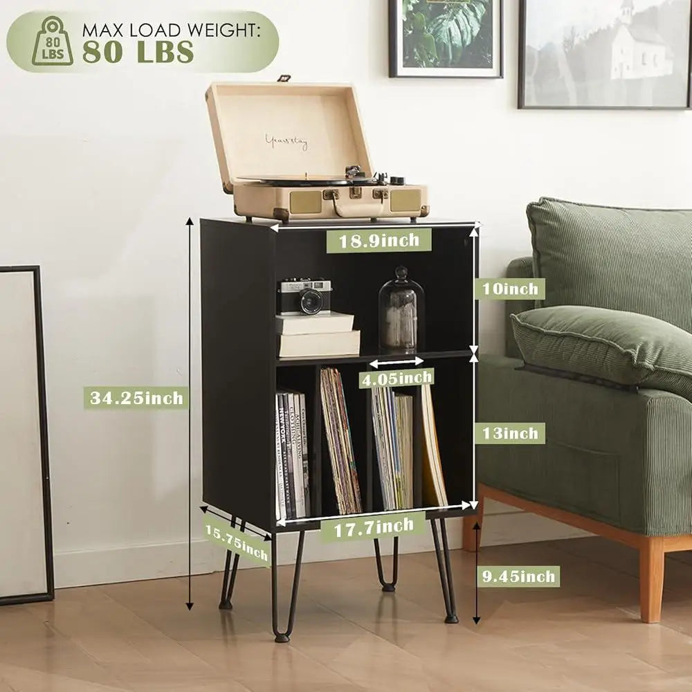 Mid-century modern record cabinet with vinyl storage and turntable shelf, retro wood console for LP organization and stylish home audio setup
