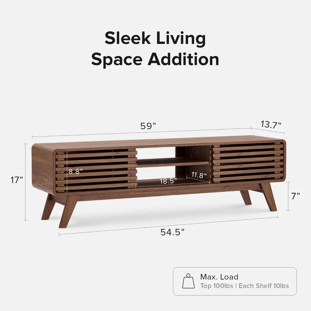Mid-century walnut TV stand with tapered legs and storage shelves, stylish wood media console for flat-screen TVs up to 65 inches