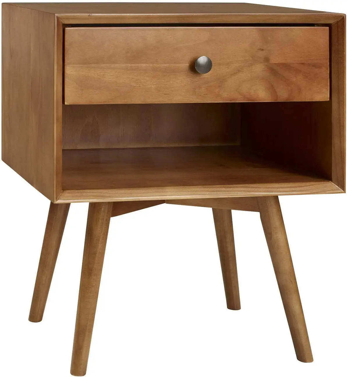Mid-century turntable stand with vinyl record storage, wooden record player cabinet featuring tapered legs, open shelves, and retro design