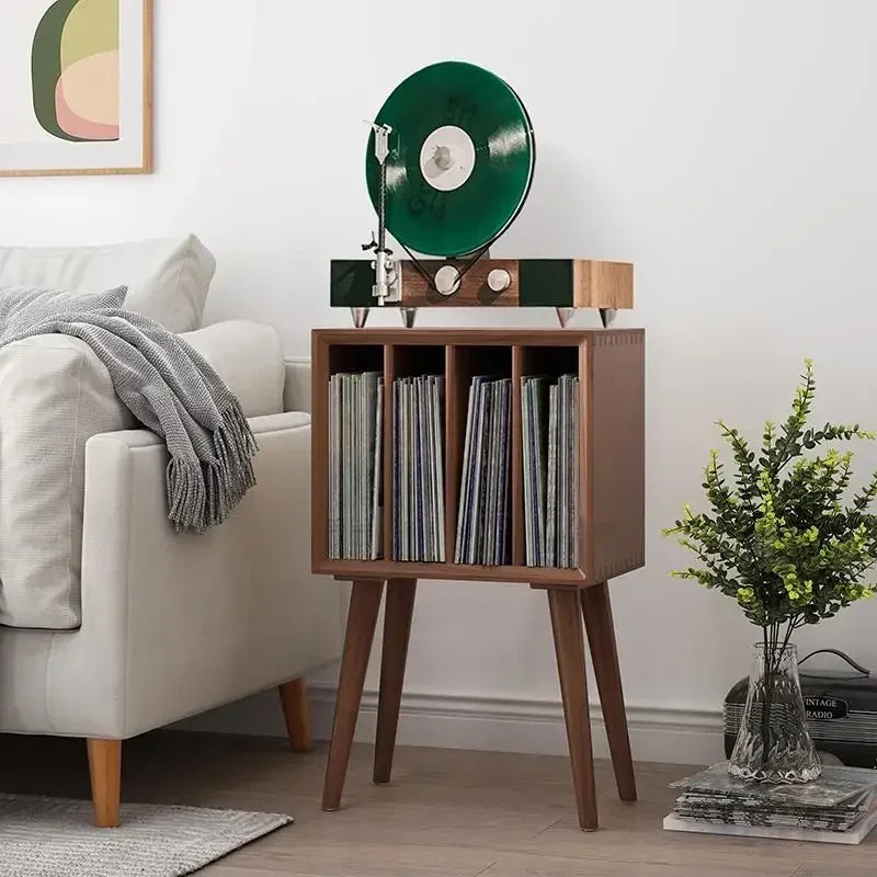 Record storage cabinet with vertical LP compartments, available in white, black, or walnut finish, mid-century modern vinyl organizer with tapered legs