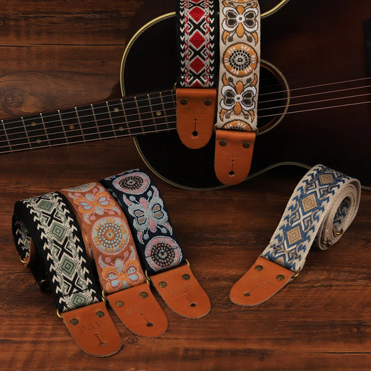 Big River Hardware Adjustable Embroidered Guitar Strap with Leather Ends for Bass, Electric, and Acoustic Guitars - Vintage Design for Ultimate Comfort and Durability