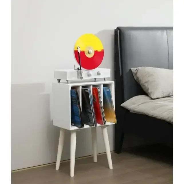 Record storage cabinet with vertical LP compartments, available in white, black, or walnut finish, mid-century modern vinyl organizer with tapered legs