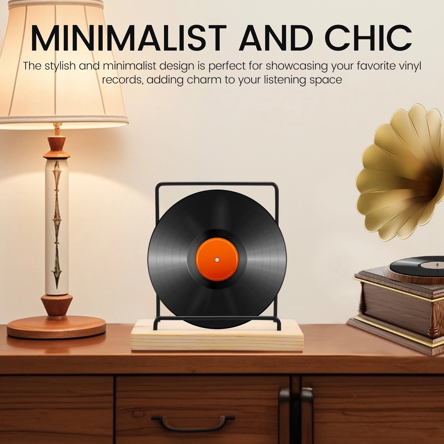 Minimalist wooden and metal vinyl record display stand, designed to showcase and organize LPs, 12-inch, and 7-inch records with a sleek, modern aesthetic