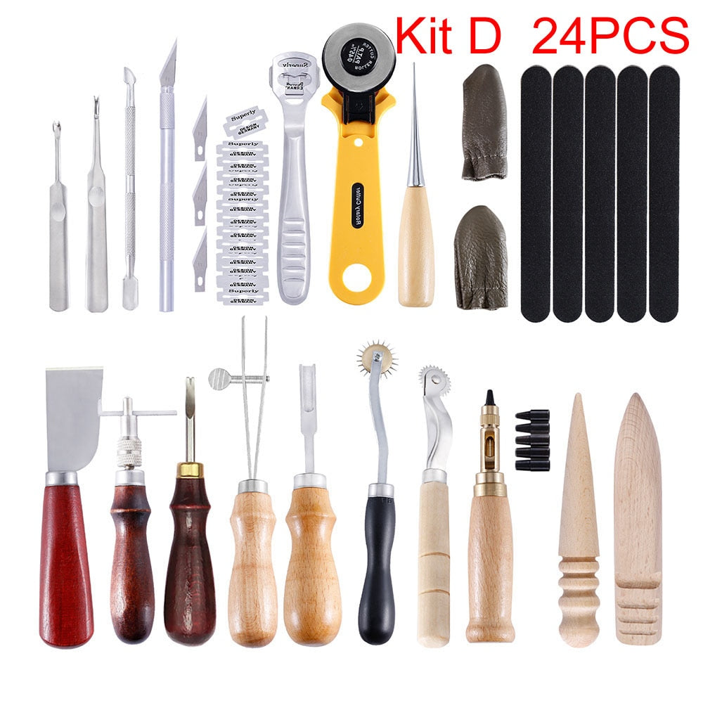 Sanbest Professional Leather Craft Tools Kit Hand Sewing Stitching Punch Carving Work Hole Saddle Groover Set Accessories DIY