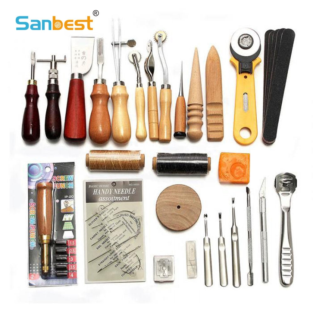 Sanbest Professional Leather Craft Tools Kit Hand Sewing Stitching Punch Carving Work Hole Saddle Groover Set Accessories DIY