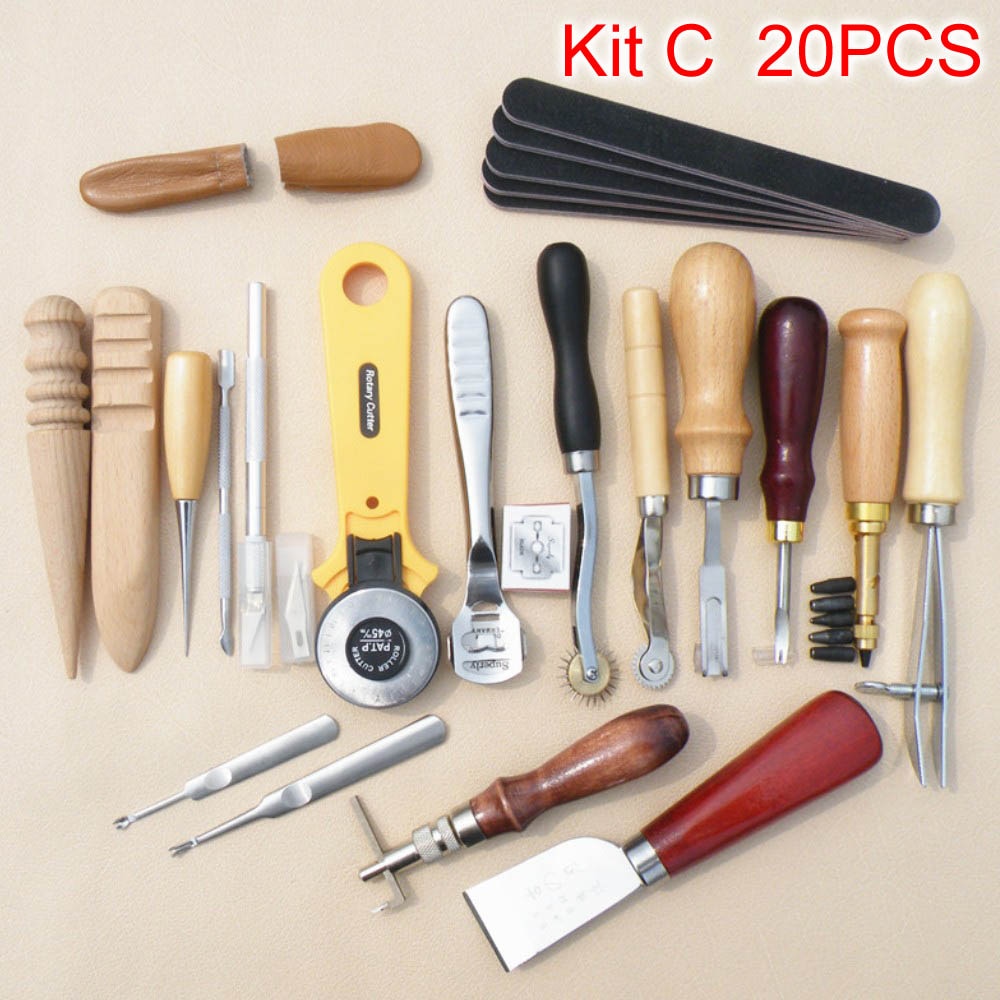 Sanbest Professional Leather Craft Tools Kit Hand Sewing Stitching Punch Carving Work Hole Saddle Groover Set Accessories DIY