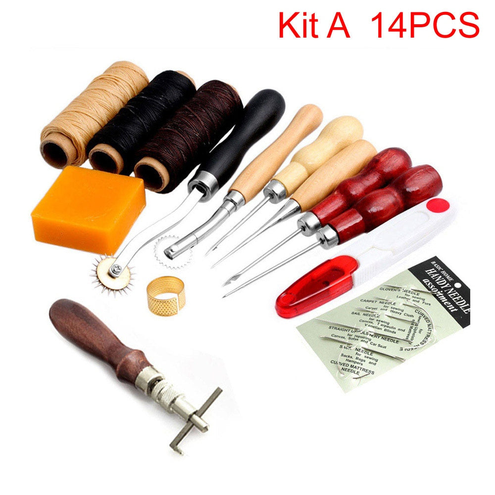 Sanbest Professional Leather Craft Tools Kit Hand Sewing Stitching Punch Carving Work Hole Saddle Groover Set Accessories DIY