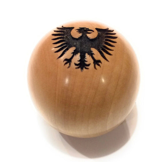 Personalized wood shift knob with custom laser engraved logo on solid maple hardwood