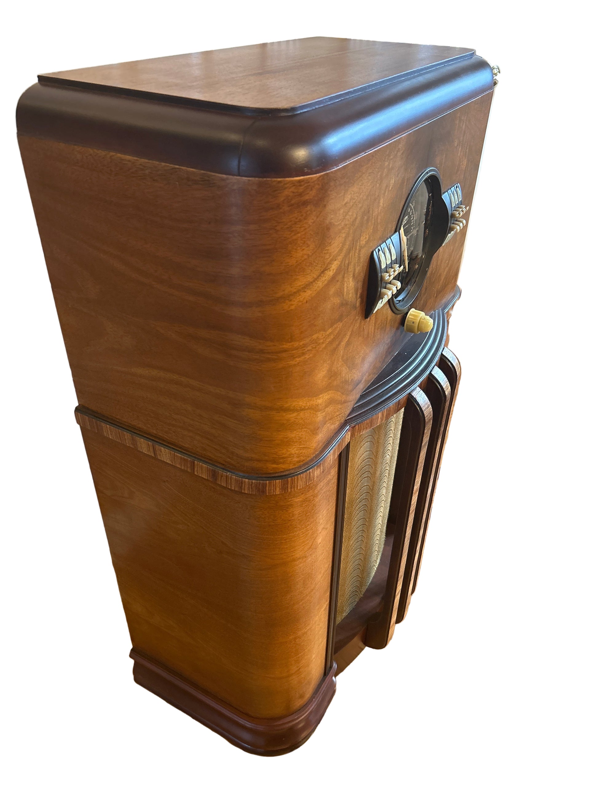 Vintage Zenith 8-S-359 (1939) Bluetooth-enabled tube radio console with restored burled walnut cabinet, Radiorgan tone control, 3.5mm input, and powerful warm tube sound for vinyl or electric guitar.