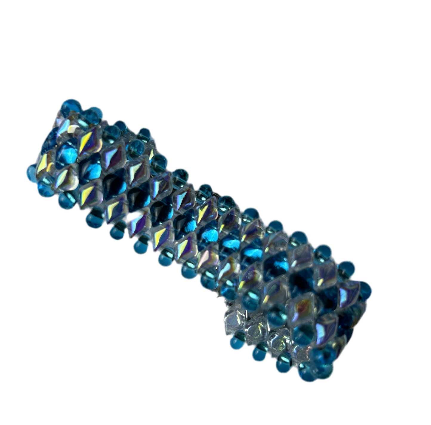 Blue beaded bracelet on a white background