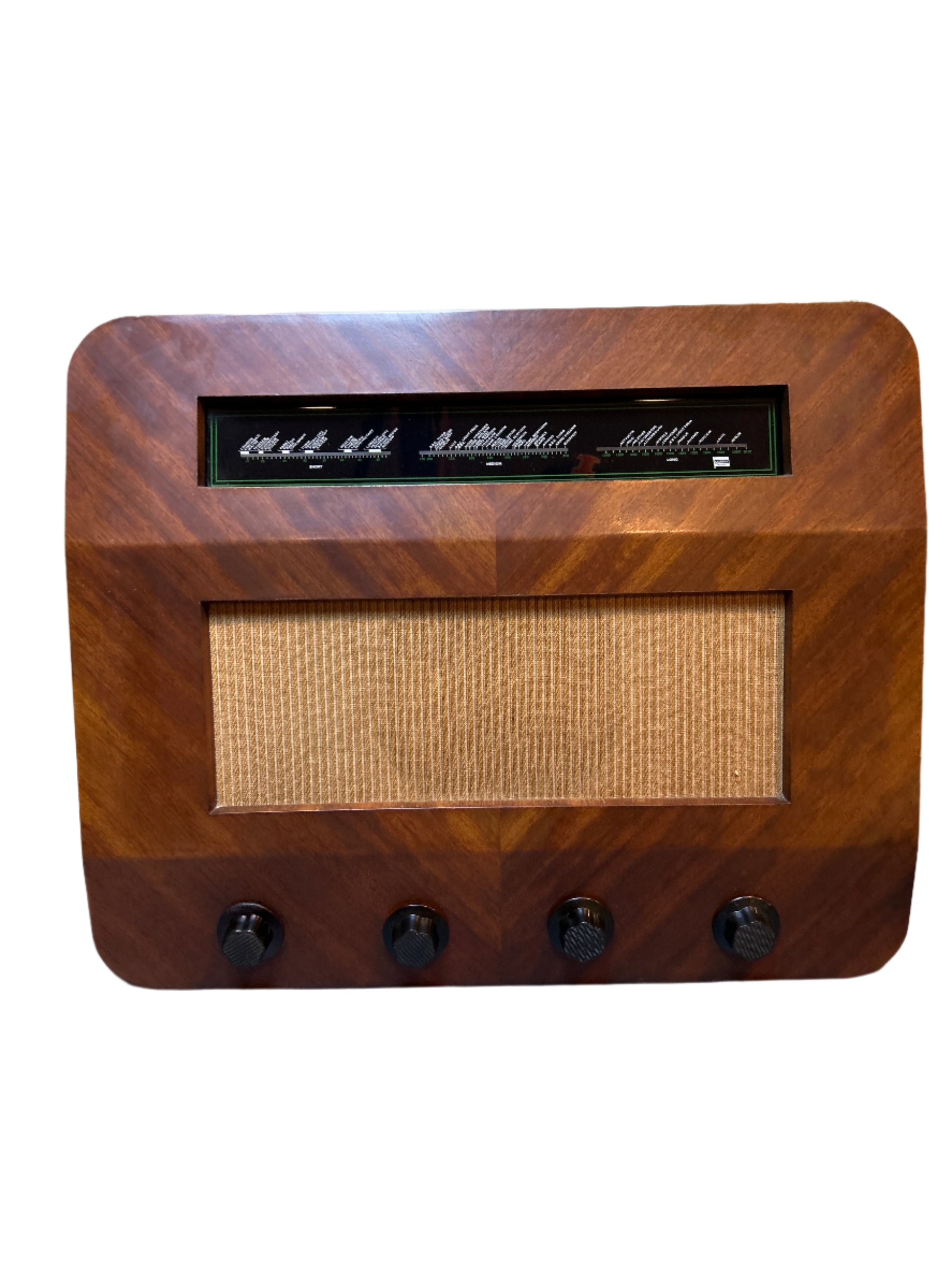 Murphy Radio Model A122 M (1949) – Vintage mid-century modern radio with turntable input, serving as a stylish record player amplifier for rich retro sound.