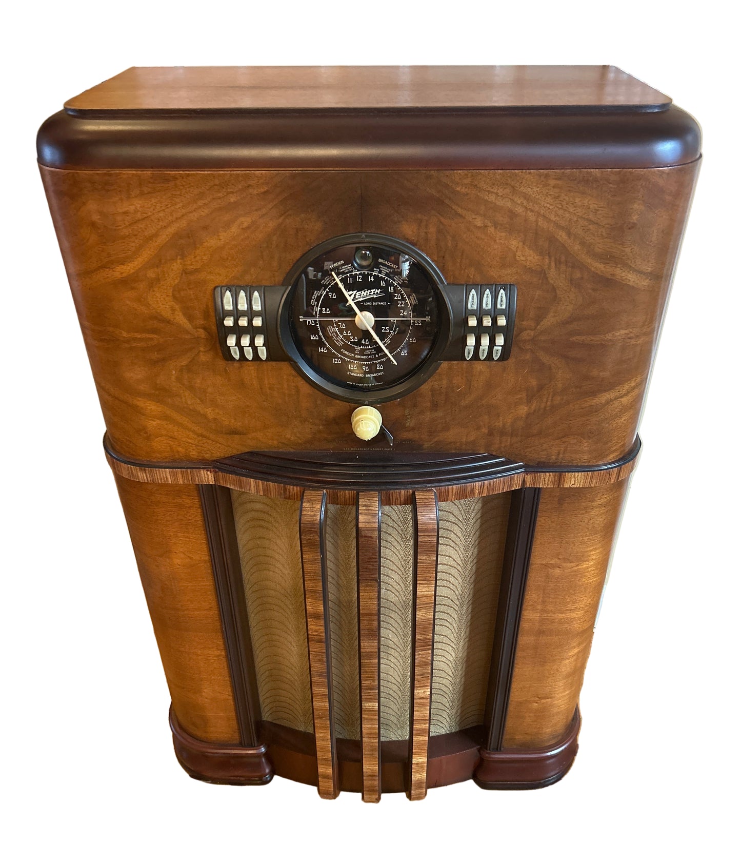 Vintage Zenith 8-S-359 (1939) Bluetooth-enabled tube radio console with restored burled walnut cabinet, Radiorgan tone control, 3.5mm input, and powerful warm tube sound for vinyl or electric guitar.