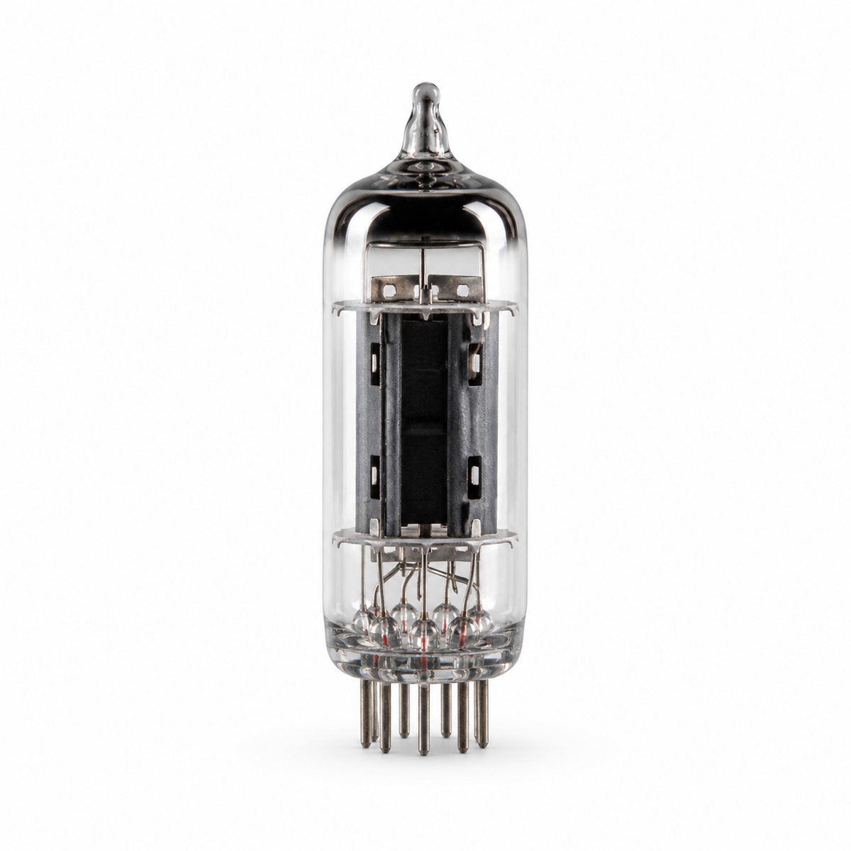 6DJ8 miniature vacuum tube with clear glass envelope and nine-pin base on a white background