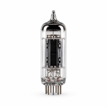 6DJ8 miniature vacuum tube with clear glass envelope and nine-pin base on a white background